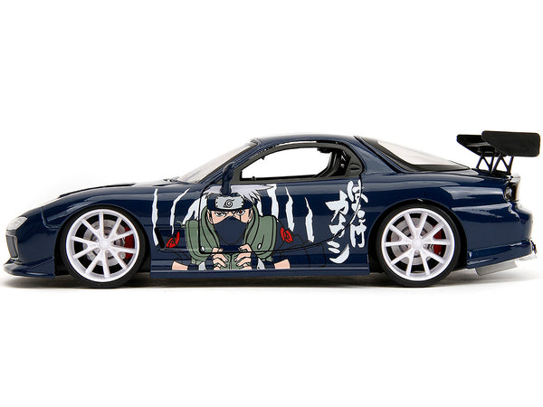 1993 Mazda RX-7 Dark Blue with Graphics and Kakashi Hatake Diecast Figure "Naruto Shippuden" (2009-2017) TV Series "Anime Hollywood Rides" Series 1/24 Diecast Model Car by Jada