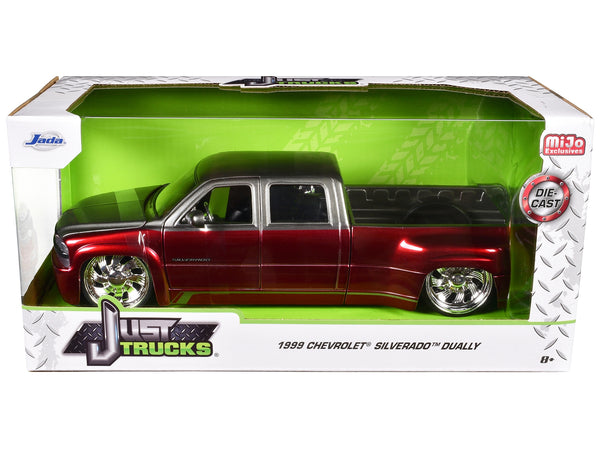 1999 Chevrolet Silverado Dually Pickup Truck Red Metallic and Gray with Custom KMC Wheels "Just Trucks" Series 1/24 Diecast Model Car by Jada