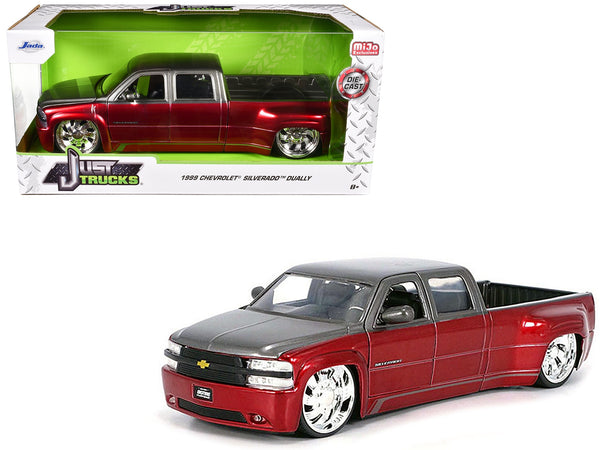 1999 Chevrolet Silverado Dually Pickup Truck Red Metallic and Gray with Custom KMC Wheels "Just Trucks" Series 1/24 Diecast Model Car by Jada