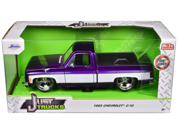 1985 Chevrolet C-10 Pickup Truck Purple Metallic and White with Cartelli Wheels "Just Trucks" Series 1/24 Diecast Model Car by Jada