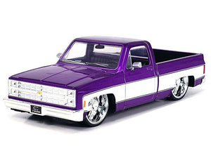 1985 Chevrolet C-10 Pickup Truck Purple Metallic and White with Lorenzo Wheels "Just Trucks" Series 1/24 Diecast Model Car by Jada