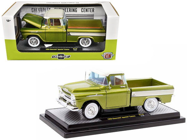 1958 Chevrolet Apache Cameo Pickup Truck Olive Green Metallic with Wimbledon White Top Limited Edition to 6250 pieces Worldwide 1/24 Diecast Model Car by M2 Machines