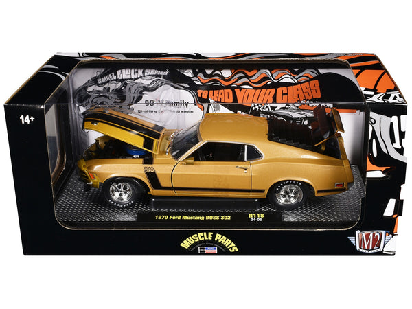 1970 Ford Mustang BOSS 302 Gold Metallic with Black Stripes Limited Edition to 6250 pieces Worldwide 1/24 Diecast Model Car by M2 Machines