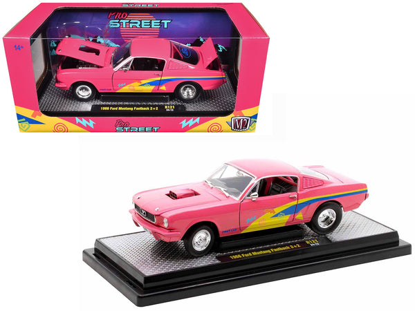 1966 Ford Mustang Fastback 2+2 Pink with Blue and Yellow Stripes "Pro Street" Limited Edition to 6250 pieces Worldwide 1/24 Diecast Model Car by M2 Machines