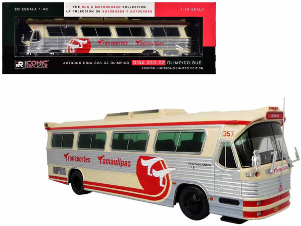 Dina 323 G2 Olimpico Coach Bus "Transportes Tamaulipas: Reynosa" Cream and Silver with Red Stripes "The Bus & Motorcoach Collection" 1/43 Diecast Model by Iconic Replicas