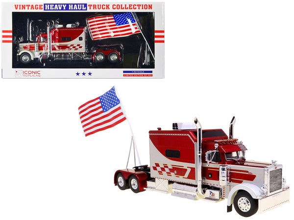 1997 Peterbilt 379 Tractor Truck White and Red Metallic with American Flag Limited Edition to 504 pieces Worldwide "Vintage Heavy Haul Truck Collection" 1/43 Diecast Model by Iconic Replicas