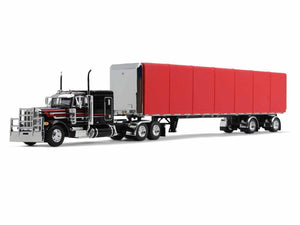 Peterbilt 379 with 63" Flat Top Sleeper and 53' Utility Roll Tarp Spread-Axle Trailer Black and Red 1/64 Diecast Model by DCP/First Gear60-1612