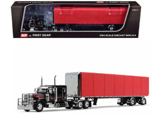 Peterbilt 379 with 63" Flat Top Sleeper and 53' Utility Roll Tarp Spread-Axle Trailer Black and Red 1/64 Diecast Model by DCP/First Gear60-1612