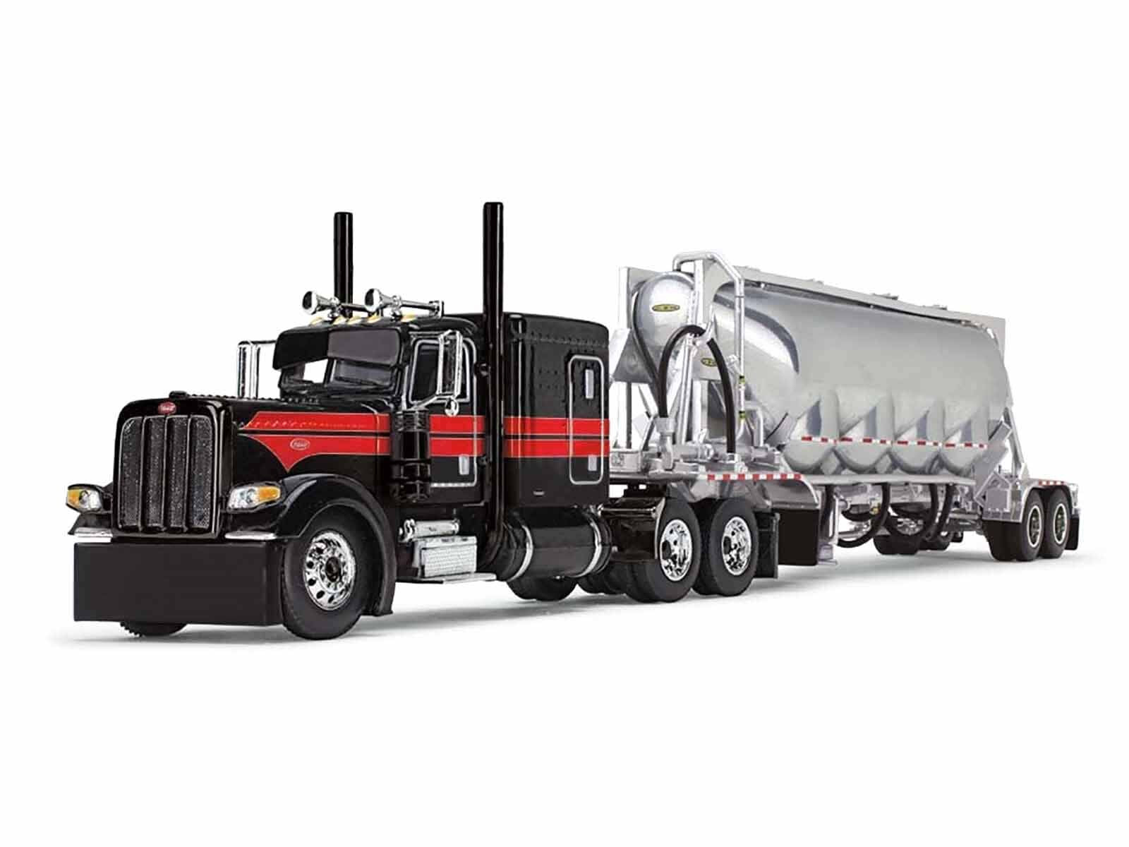 Peterbilt 389 with 63" Flat Top Sleeper and J&L Pneumatic Tank Trailer Black with Red Stripes 1/64 Diecast Model by DCP/First Gear