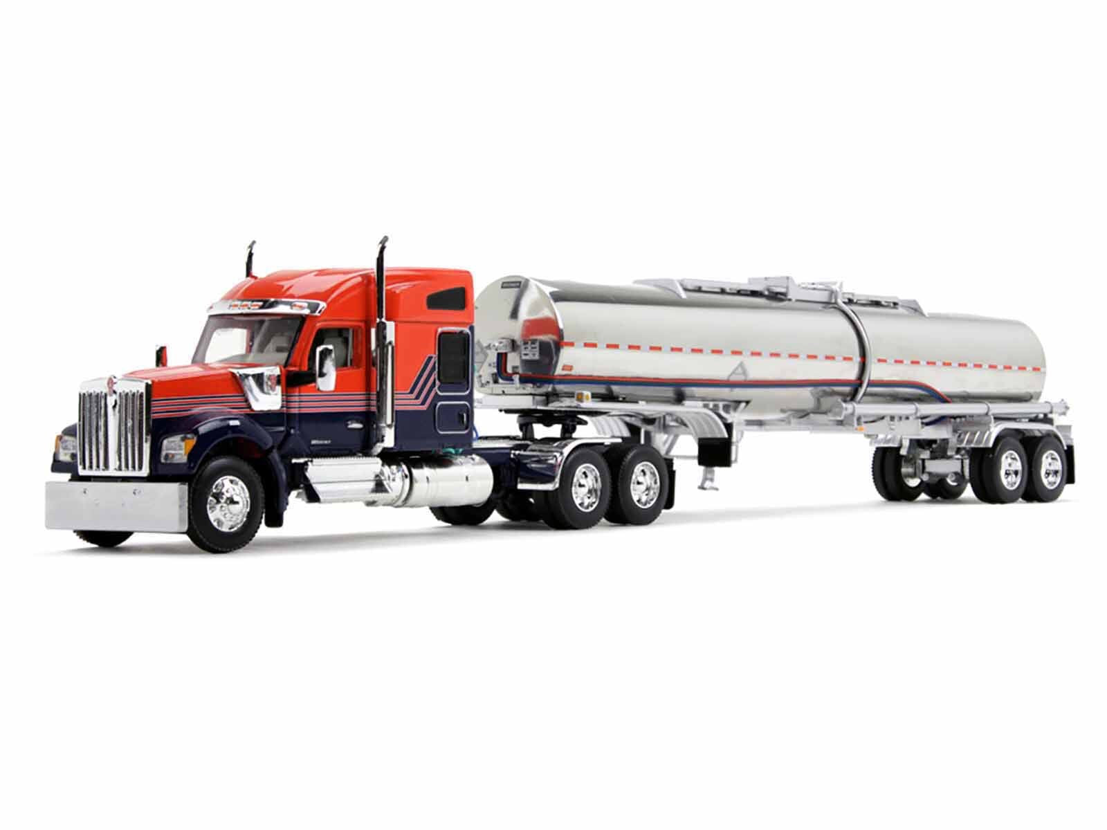 Kenworth W990 with 76" Mid-Roof Sleeper and Brenner Chemical Grade Tandem Axle Tanker Trailer Red and Navy Blue 1/64 Diecast Model by DCP/First Gear