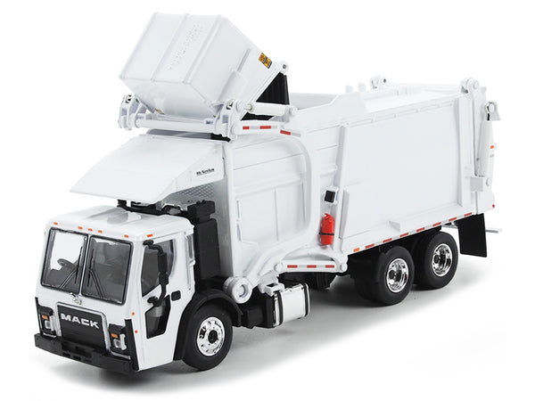 Mack LR Refuse Garbage Truck with McNeilus Meridian Front Loader White with Trash Bin 1/64 Diecast Model by DCP/First Gear