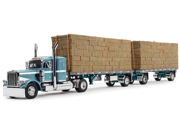 Peterbilt 389 36" Flat Top Sleeper with Utility Dual 28.5' Flatbed Trailers with Hay Loads Pacific Blue Metallic with White Stripes 1/64 Diecast Model by DCP/First Gear