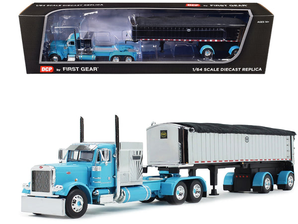 Peterbilt 379 with 60" Vintage Sleeper and MAC Coal End Dump Trailer Cyan Blue and Chrome 1/64 Diecast Model by DCP/First Gear