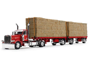 Peterbilt 389 Day Cab with Utility Dual 28.5' Flatbed Trailers with Hay Loads Viper Red with Graphics 1/64 Diecast Model by DCP/First Gear