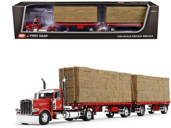 Peterbilt 389 Day Cab with Utility Dual 28.5' Flatbed Trailers with Hay Loads Viper Red with Graphics 1/64 Diecast Model by DCP/First Gear