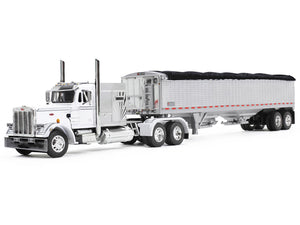 Peterbilt 359 with 60" Vintage Sleeper and 43' Wilson High Side Grain Trailer White and Chrome 1/64 Diecast Model by DCP/First Gear