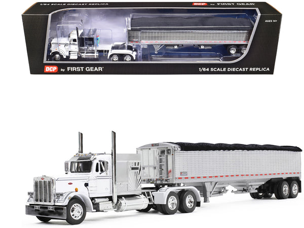 Peterbilt 359 with 60" Vintage Sleeper and 43' Wilson High Side Grain Trailer White and Chrome 1/64 Diecast Model by DCP/First Gear