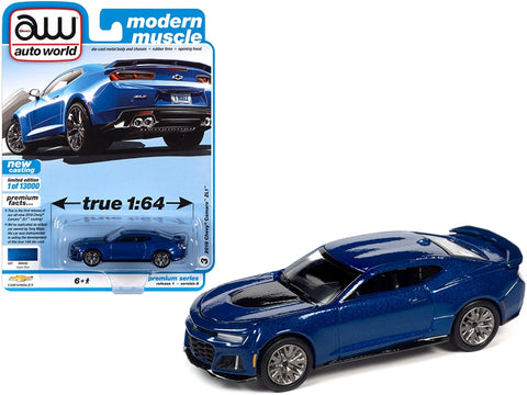 2018 Chevrolet Camaro ZL1 Hyper Blue Metallic "Modern Muscle" Limited Edition to 13000 pieces Worldwide 1/64 Diecast Model Car by Auto World