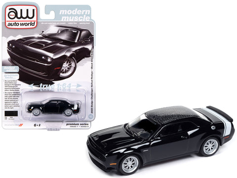 2023 Dodge Challenger Hellcat Redeye "Black Ghost Edition" Pitch Black with Gator Print Top and White Tail Stripe "Modern Muscle" Limited Edition 1/64 Diecast Model Car by Auto World