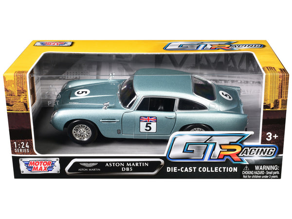 Aston Martin DB5 RHD (Right Hand Drive) #5 Light Blue Metallic "GT Racing" Series 1/24 Diecast Model Car by Motormax