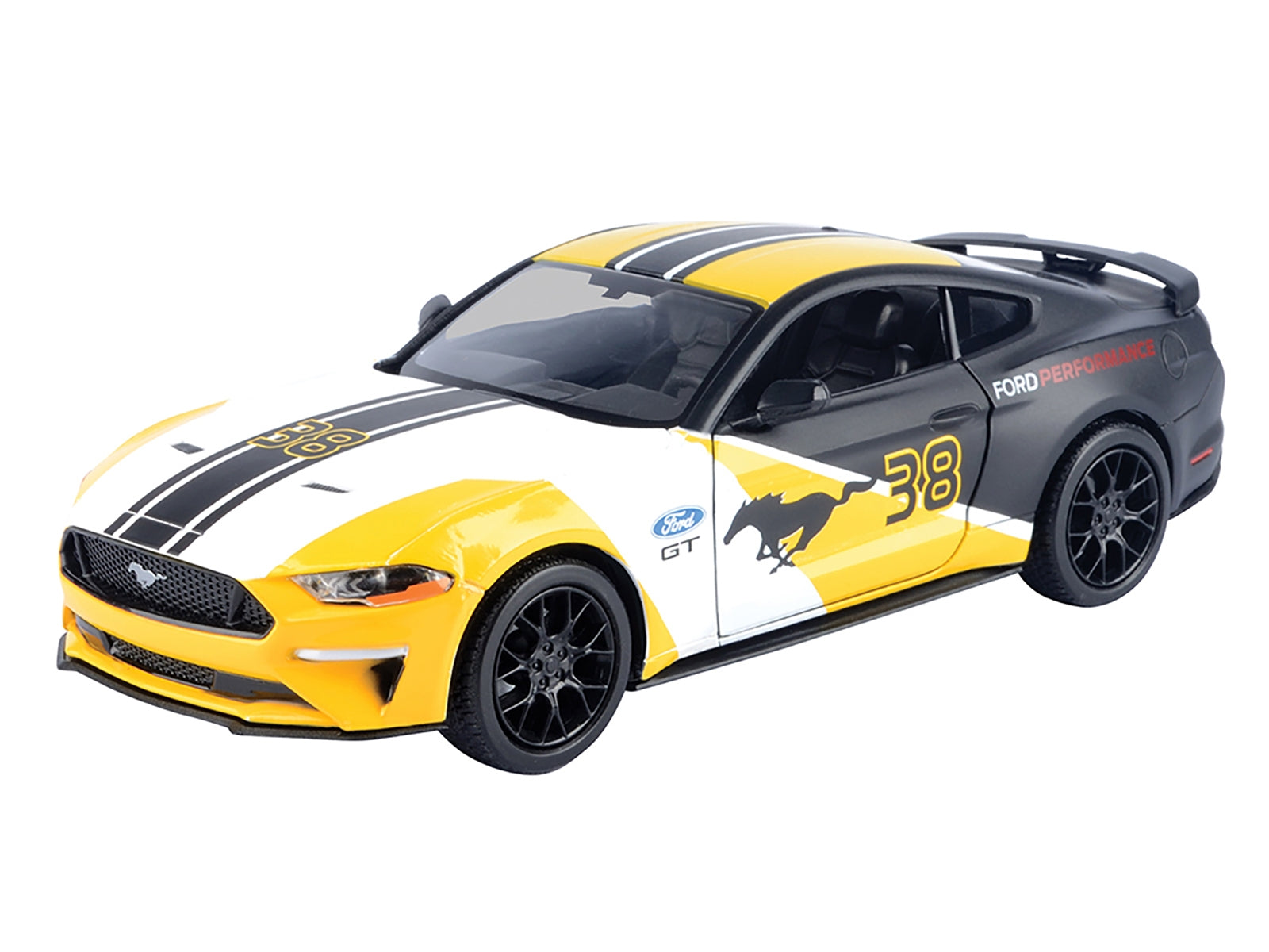 2018 Ford Mustang GT #38 White and Matt Black with Yellow Graphics "GT Racing" Series 1/24 Diecast Model Car by Motormax