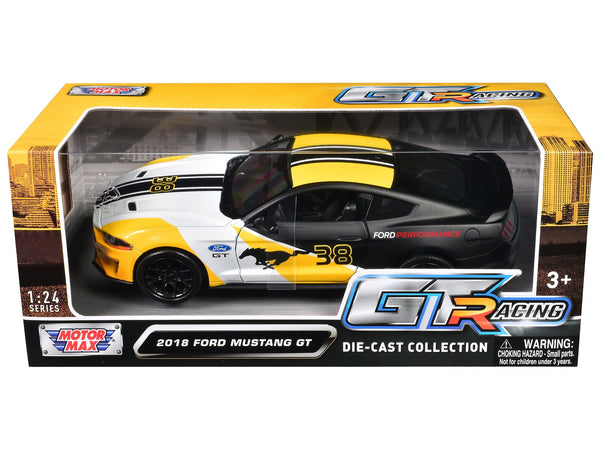 2018 Ford Mustang GT #38 White and Matt Black with Yellow Graphics "GT Racing" Series 1/24 Diecast Model Car by Motormax