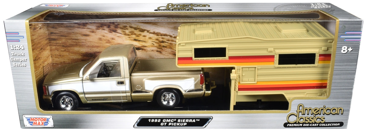 1992 GMC Sierra GT Pickup Truck Gold Metallic with White Sides with Camper Shell "American Classics" Series 1/24 Diecast Model Car by Motormax