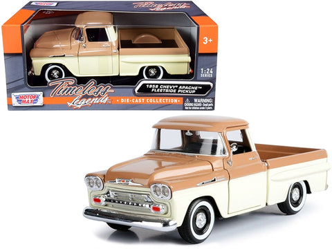 1958 Chevrolet Apache Fleetside Pickup Truck Brown and Beige 1/24 Diecast Model Car by Motormax