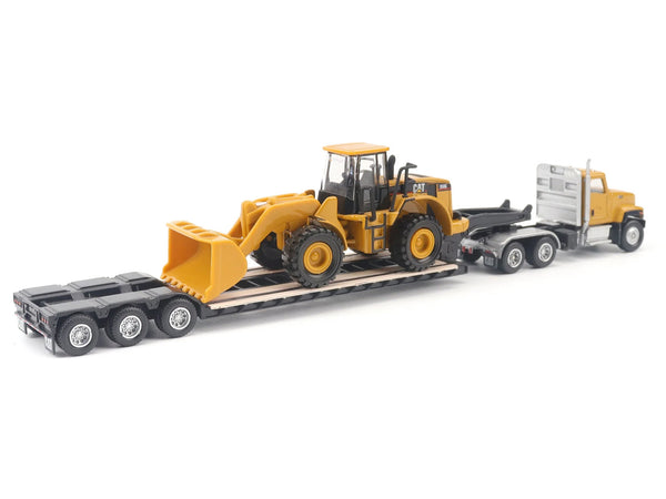 CAT Caterpillar CT681 Day Cab Tractor Yellow with Lowboy Trailer and CAT 950G Wheel Loader Yellow 1/87 (HO) Diecast Model by Diecast Masters