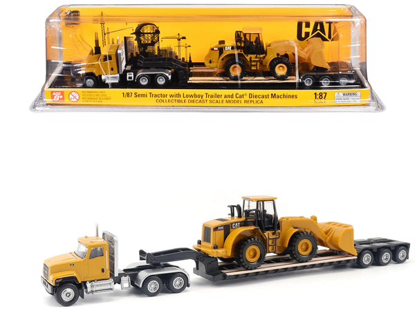 CAT Caterpillar CT681 Day Cab Tractor Yellow with Lowboy Trailer and CAT 950G Wheel Loader Yellow 1/87 (HO) Diecast Model by Diecast Masters