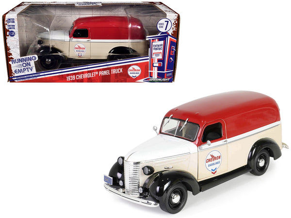 1939 Chevrolet Panel Truck "Chevron Gasolines" Red and Beige with White Hood and Stripes "Running on Empty" Series 7 1/24 Diecast Model Car by Greenlight