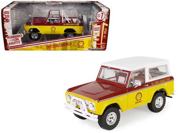 1977 Ford Bronco "Shell Oil" Red and Yellow with White Top "Running on Empty" Series 7 1/24 Diecast Model Car by Greenlight