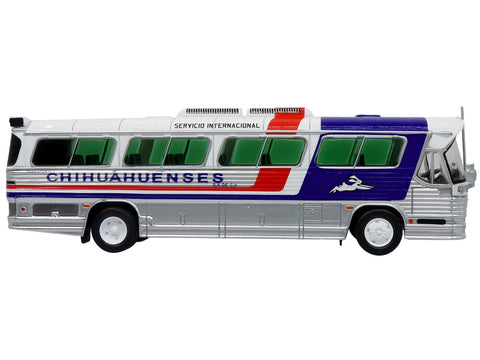 Dina 323-G2 Olimpico Coach Bus "Transportes Chihuahuenses" White and Silver with Red and Blue Stripes Limited Edition to 504 pieces Worldwide "The Bus and Motorcoach Collection" 1/87 (HO) Diecast Model by Iconic Replicas