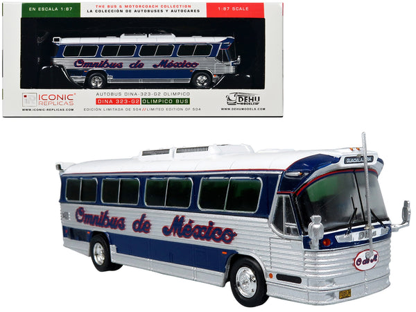 Dina 323-G2 Olimpico Coach Bus "Omnibus de Mexico" White and Silver with Dark Blue Stripes Limited Edition to 504 pieces Worldwide "The Bus and Motorcoach Collection" 1/87 (HO) Diecast Model by Iconic Replicas