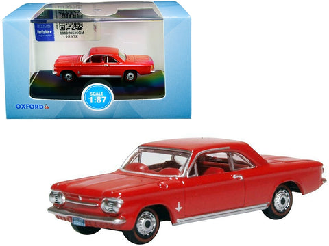 1963 Chevrolet Corvair Coupe Riverside Red with Red Interior 1/87 (HO) Scale Diecast Model Car by Oxford Diecast