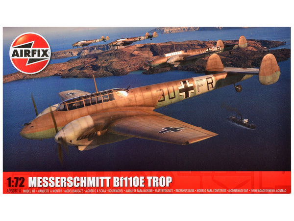 Level 2 Model Kit Messerschmitt Bf110E/E-2 TROP Fighter Aircraft with 2 Scheme Options 1/72 Plastic Model Kit by Airfix