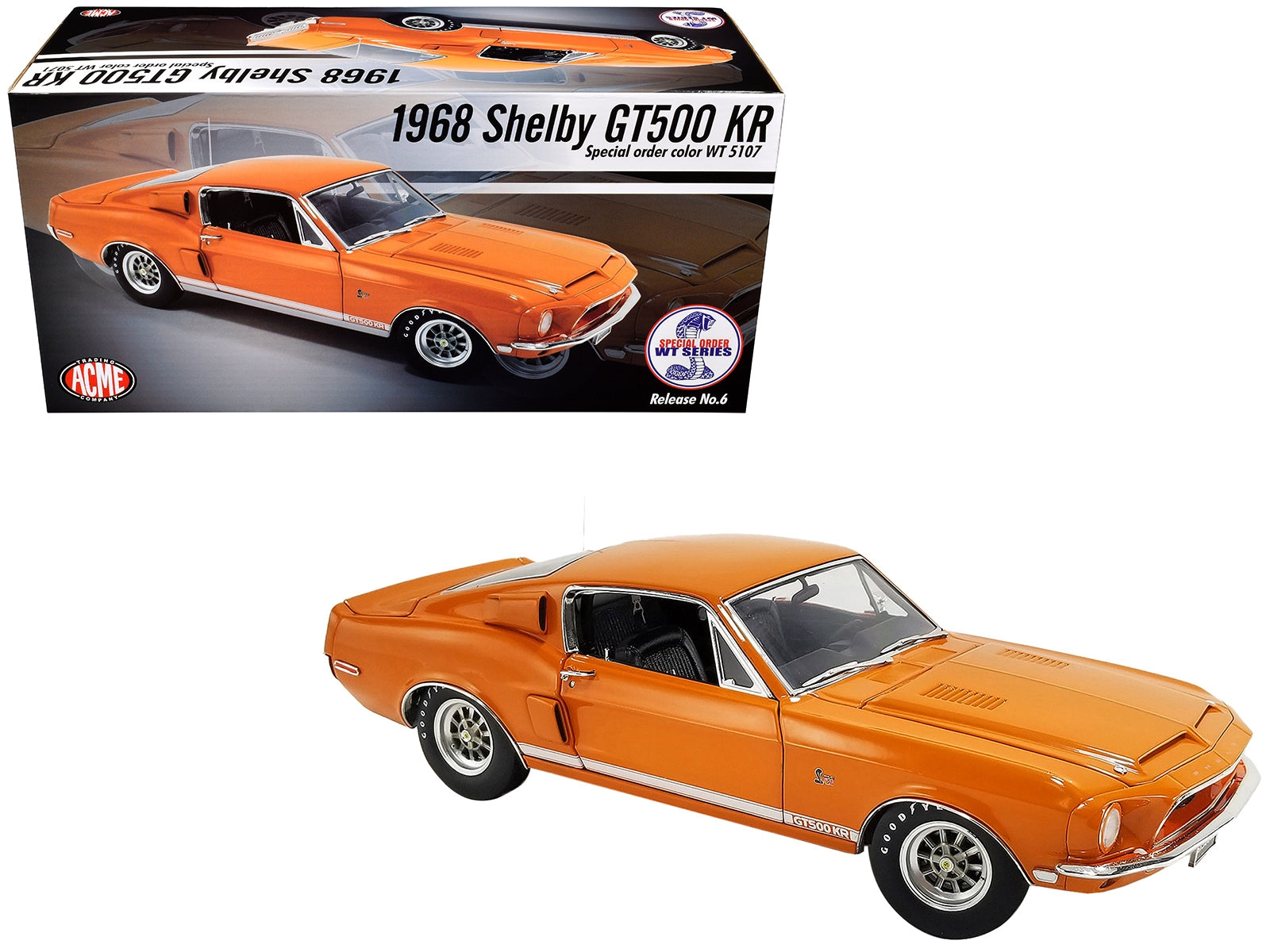 1968 Shelby GT500 KR Orange Metallic (WT Color Code 5107) with White Stripes Limited Edition to 348 pieces Worldwide 1/18 Diecast Model Car by ACME