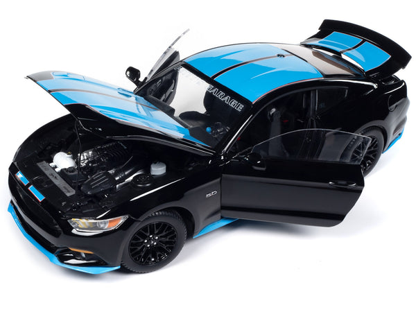 2015 Ford Mustang GT 5.0 Black with Petty Blue Stripes "Petty's Garage" 1/18 Diecast Model Car by Auto World