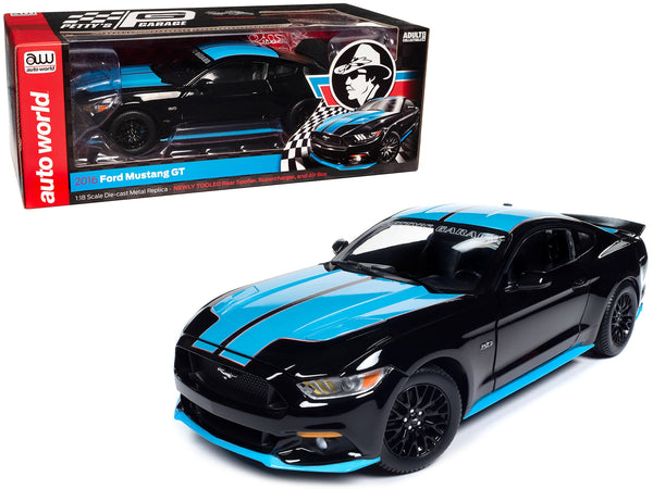 2015 Ford Mustang GT 5.0 Black with Petty Blue Stripes "Petty's Garage" 1/18 Diecast Model Car by Auto World