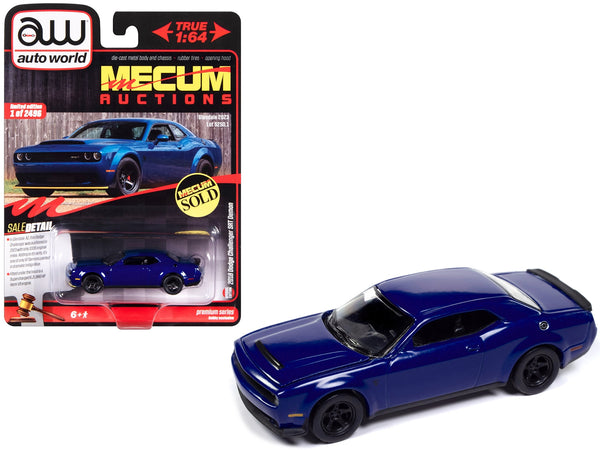 2018 Dodge Challenger SRT Demon Indigo Blue "Mecum Auctions" Limited Edition to 2496 pieces Worldwide "Premium" Series 1/64 Diecast Model Car by Auto World