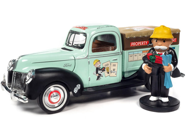 1940 Ford Pickup Truck "Property Management" Light Green with Graphics and Mr. Monopoly Construction Resin Figure "Monopoly" 1/18 Diecast Model Car by Auto World