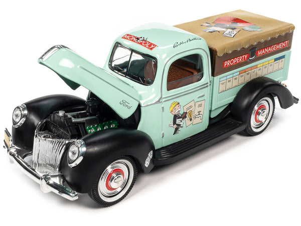 1940 Ford Pickup Truck "Property Management" Light Green with Graphics and Mr. Monopoly Construction Resin Figure "Monopoly" 1/18 Diecast Model Car by Auto World