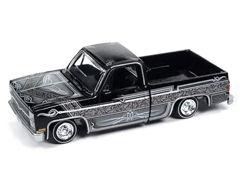 1983 Chevrolet Silverado Pickup Truck Black with Silver Graphics "Lowriders" Series Limited Edition to 3600 pieces Worldwide 1/64 Diecast Model Car by Auto World