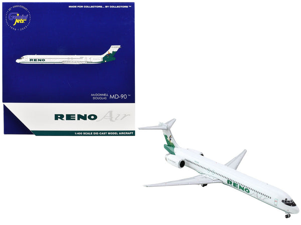 McDonnell Douglas MD-90 Commercial Aircraft "Reno Air" (N905RA) White with Green Tail 1/400 Diecast Model Airplane by GeminiJets