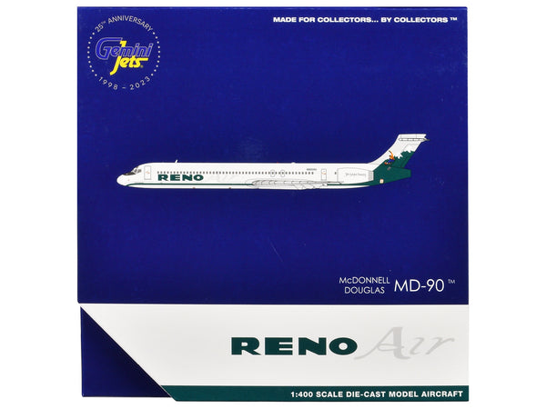 McDonnell Douglas MD-90 Commercial Aircraft "Reno Air" (N905RA) White with Green Tail 1/400 Diecast Model Airplane by GeminiJets