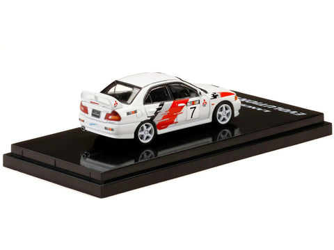 Mitsubishi Lancer GSR Evolution IV RHD (Right Hand Drive) #7 Scortia White "Groupe A Rally Graphics" 1/64 Diecast Model Car by Hobby Japan