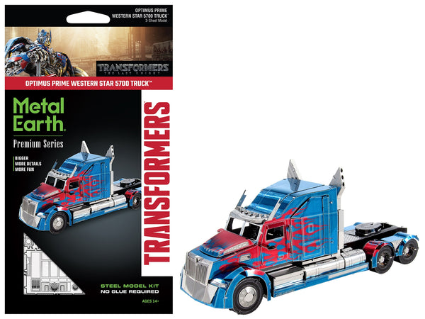 Model Kit Western Star 5700 Truck "Optimus Prime" Blue with Red Flames "Transformers: The Last Knight" (2017) Movie (Moderate Difficulty) Steel Model by Metal Earth