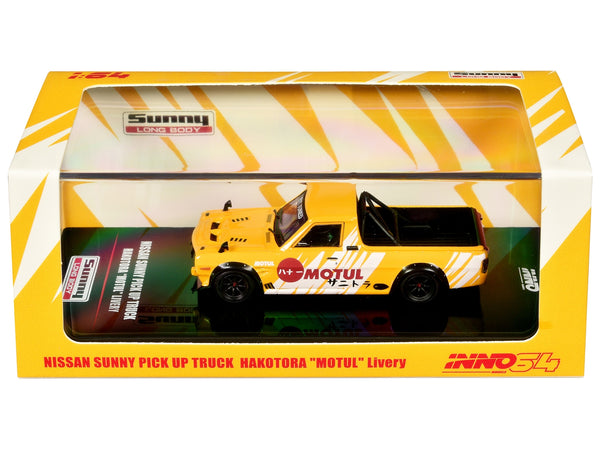 Nissan Sunny "Hakotora" Pickup Truck RHD (Right Hand Drive) "Motul" Yellow with White Stripes 1/64 Diecast Model Car by Inno Models