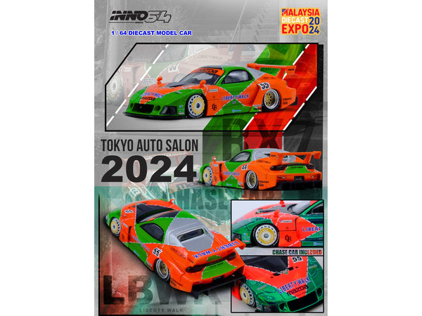 Mazda RX7 (FD3S) LB-Super-Silhouette RHD (Right Hand Drive) #55 Green and Orange with Graphics "Tokyo Auto Salon 2024 - Malaysia Diecast Expo 2024" 1/64 Diecast Model Car by Inno Models