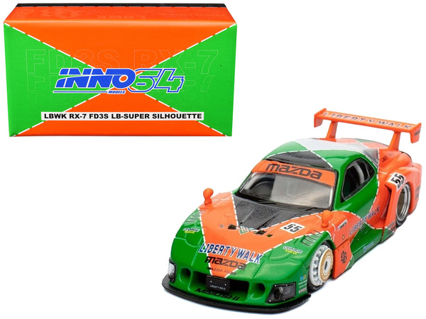 Mazda RX7 (FD3S) LB-Super-Silhouette RHD (Right Hand Drive) #55 Green and Orange with Graphics "Tokyo Auto Salon 2024 - Malaysia Diecast Expo 2024" 1/64 Diecast Model Car by Inno Models